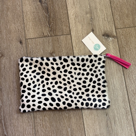 NWT Spotted Black and White Clutch with Pink Tassel